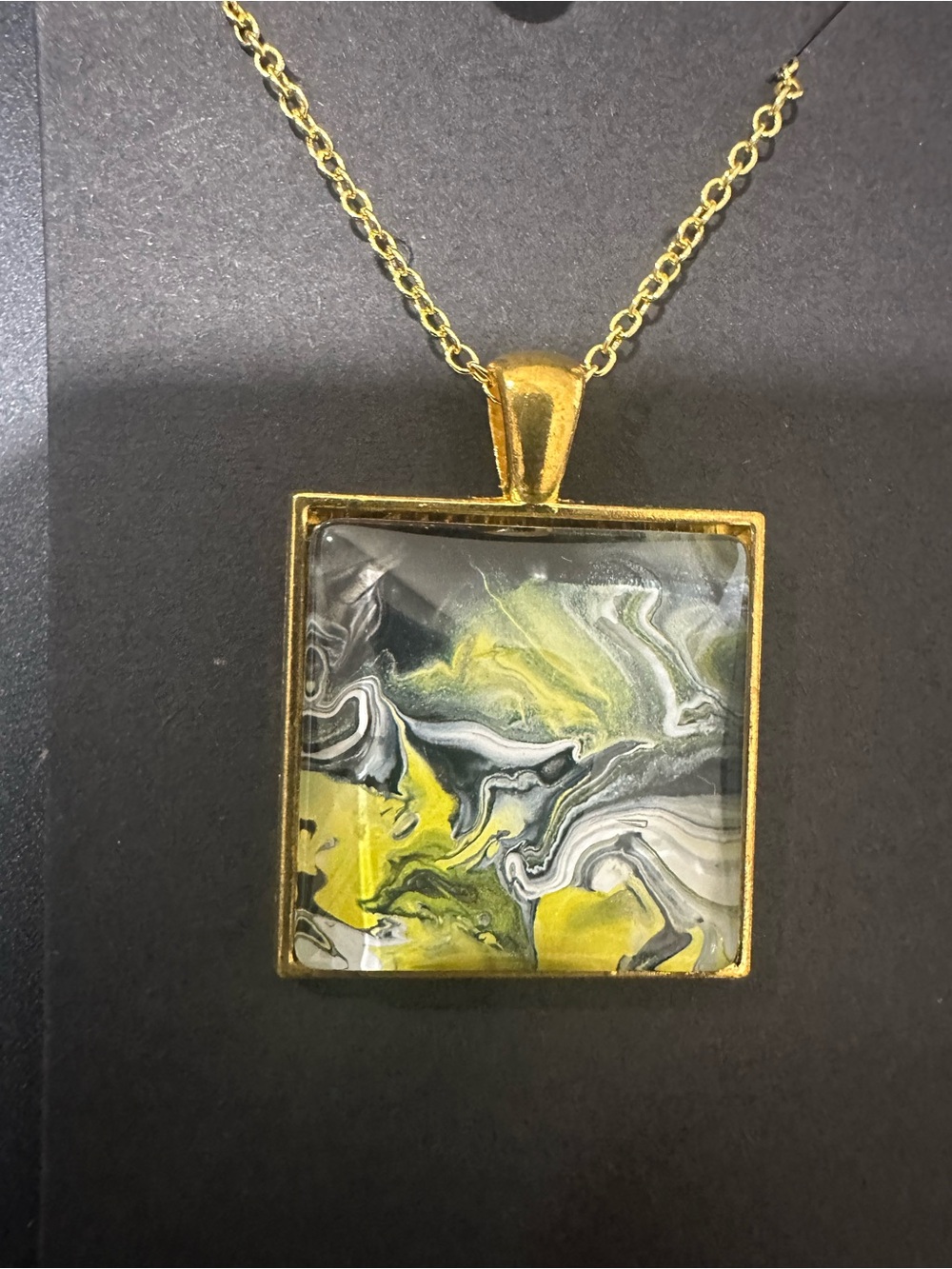 Gold Square Pendant Necklace with Yellow and Gray Marble Design